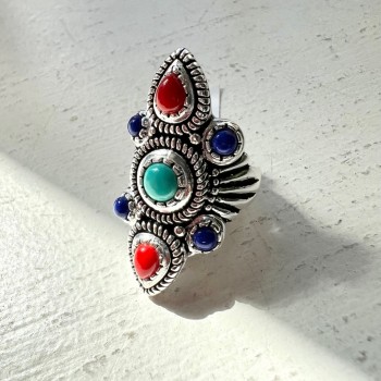 Sterling Silver RING SOUTHWEST MIXED COLOR STONES RECON CORAL T