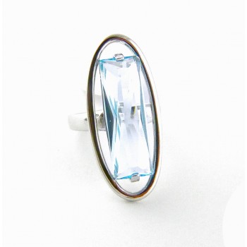 Sterling Silver RING LONG OVAL WITH BAGUETTE  AQUA BLUE GLASS