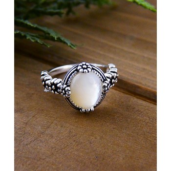 Oval Mother of Pearl Oxidized Strung Flowers Ring