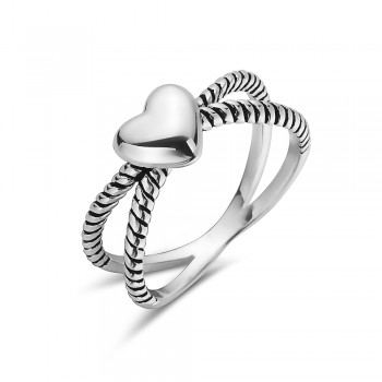Sterling Silver RING HEART WITH OXIDIZED TWIN BRAIDED ROPES BAN