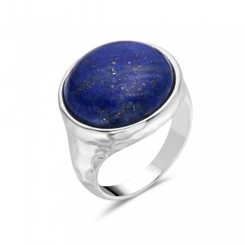 Sterling Silver RING 15 MM ROUND CABOCHON GENUINE LAPIS HAMMER