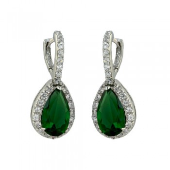 Brass Earring Clear Cz+Green Glass Teardrop, Multicolor