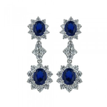 Brass Earring Dangle With Clear Cz And 2 Big Blue, Multicolor