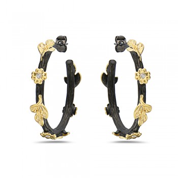 Brass Earring with Black Wood Texture and Gold Flo
