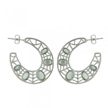 Brass Earrg Open Hoop Spiderweb Design W/ Mop Oval, White