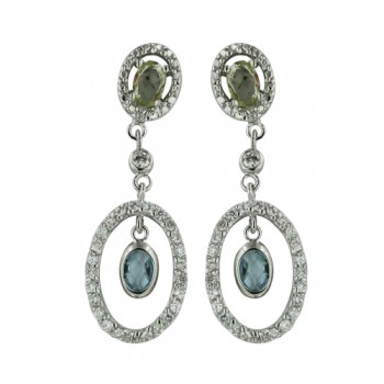 Brass Earring Cl Cz Oval Dangle Pd And Bl Oval Cz, Green