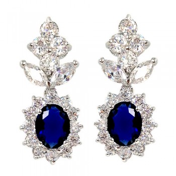 Brass Earring Blue Glass Oval W/ Cl Cz Post, Blue