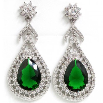 Brass Earring Lux Tear Drop Emerald Glass Clr Cz, Clear