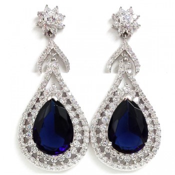 Brass Earring Lux Tear Drop Sapphire Glass+ Clr Cz, Clear