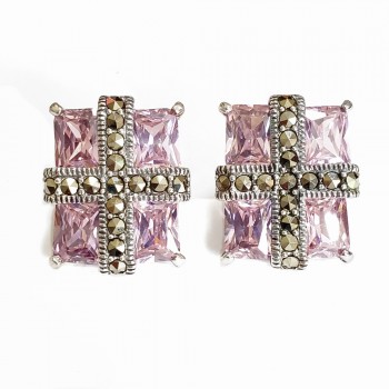 Marcasite Earring Cross with 4 Pcs Pink Cubic Zirconia