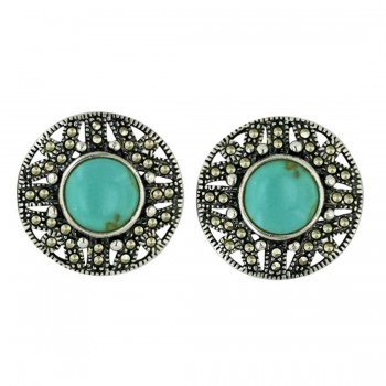 Marcasite Earring Round Inlaid Faux Turquoise with Marcasite Border