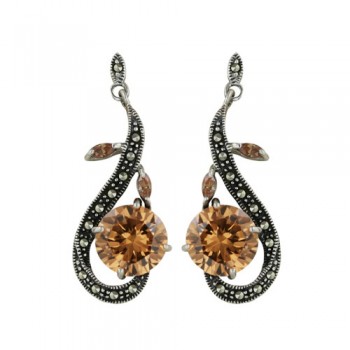 Marcasite Earring 10mm Round Champagne Cubic Zirconia with Marquis Leaf