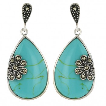 Marcasite Earring Faux Turquoise Tear Drop with Marcasite Flower