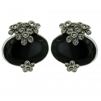 Marcasite Earring 21X16mm Oval Cabochon Onyx with 4 Marcasite Flower