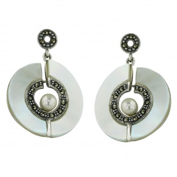 Marcasite Earring 23.5X23.5mm Open White Mother of Pearl Round with 5mm Fau