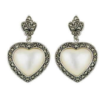 Marcasite Earring 22mm White Mother of Pearl Heart Cabochon with Twisted Ro