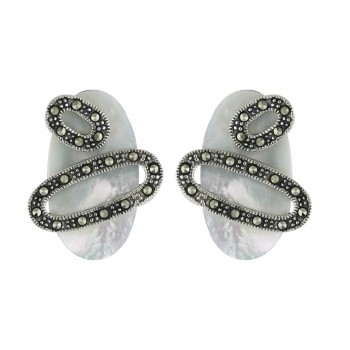 Marcasite Earring 26X14mm White Mother of Pearl Oval with 2 Open Pave Marcasite Ro