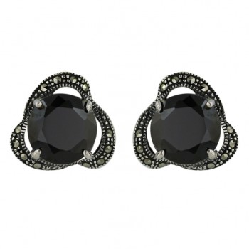 Marcasite Earring 10.5mm Black Cubic Zirconia Round Pave Marcasite Oxidized Rope F