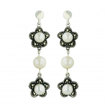 Marcasite Earring Double 5mm+ 6mm White Fresh Water Pearl Ctr with Pave Marcasite Fl