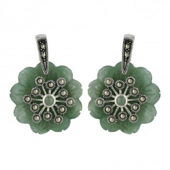 Marcasite Earring 24X24mm Green Aventurine Flower Petals