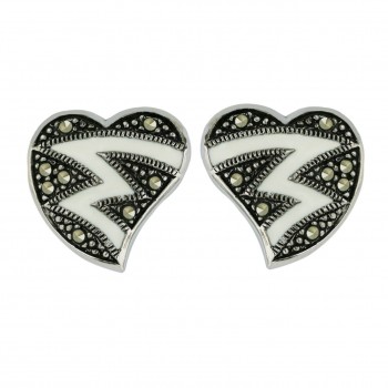 Marcasite Earring (W=15mm) White Enamel+Marcasite Zig-Zag Lines Heart