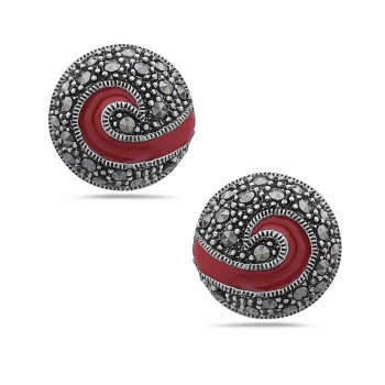 Marcasite Earring (W=15mm) Puff Round with Red Enamel Swirl Post