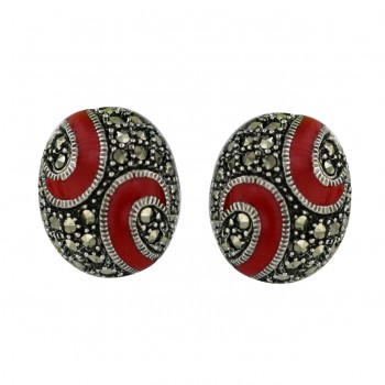 Marcasite Earring 16X13mm Puff Oval with 2 Red Enamel Swirl
