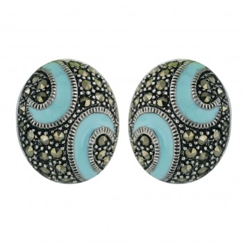 Marcasite Earring 16X13mm Puff Oval with 2 Turquoise Blue Enamel S