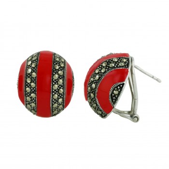Marcasite Earring 19.5X17mm 3 Red Enamel+4Ms Lines Puff Oval