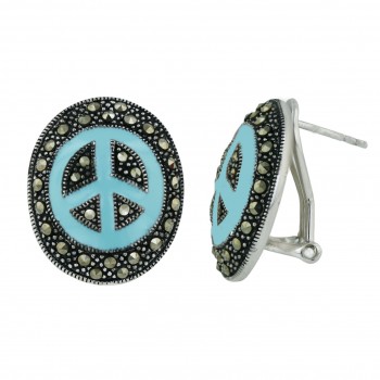 Marcasite Earring 22X16mm Turquoise Blue Enamel Peace Symbol Oval with
