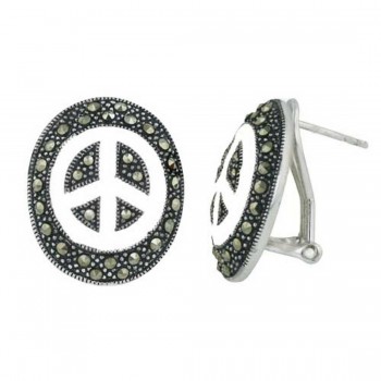 Marcasite Earring 22X16mm White Enamel Peace Symbol Oval with