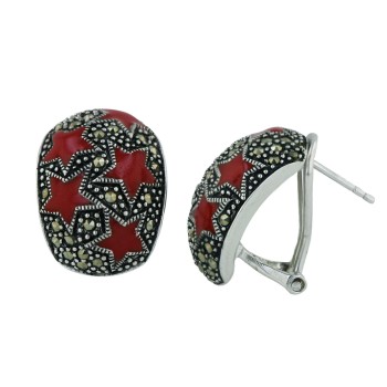 Marcasite Earring 21X16mm Dome with 5 Red Enamel Star+Omega Ba
