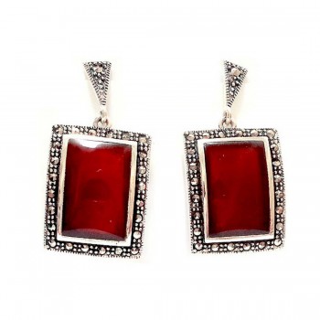 Marcasite Earring 20X16mm Carnelian Rectangular with Pave Marcasite Around