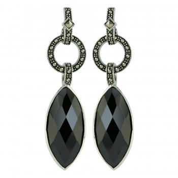 Marcasite Earring 24X12mm Black Cubic Zirconia Marquis Chess Cut with Open Pav