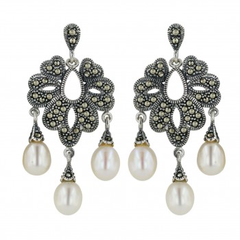 Marcasite Earring Marcasite Pcs with 3 White Fresh Water Pearl Drop