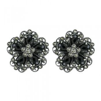 Marcasite Earring 5 Black Cubic Zirconia Chess Cut Flower Petals