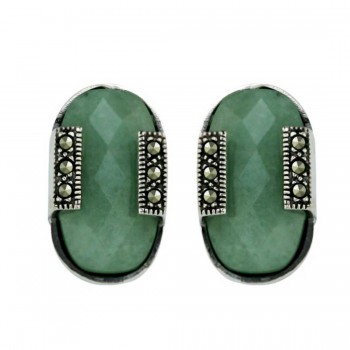 Sterling Silver Earring 18X10mm Green Jade Oval Chess Cut with Pave M