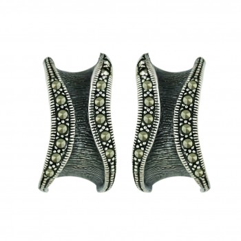 Marcasite Earring 24X11mm Plain Line Texture Oxidized with Pave