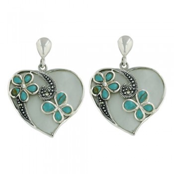 Marcasite Earring 25mm White Mother of Pearl Heart with Reconstructed Turquoise Fl
