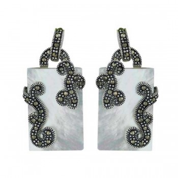 Marcasite Earring 22X14mm White Mother of Pearl Rectangular Flatbase with Pave Marcasite