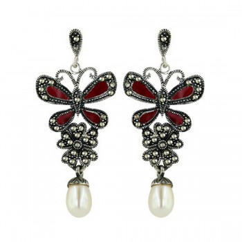 Marcasite Earring 41X21mm Red Transparent Epoxy Butterfly with