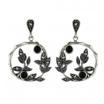 Marcasite Earring 16X16mm Onyx with Pave Marcasite Leaves Open Round
