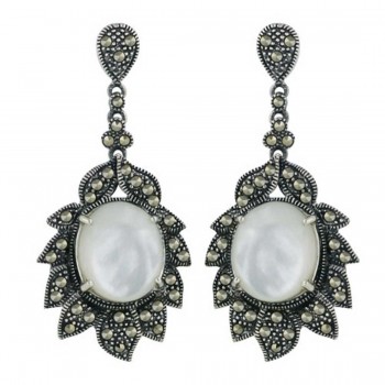 Marcasite Earring 14X12mm White Mother of Pearl Cabochon Dome with Pave Marcasite