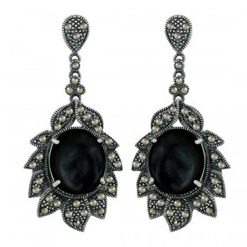 Marcasite Earring 14X12mm Onyx Cabochon with Pave Marcasite Flower Petal