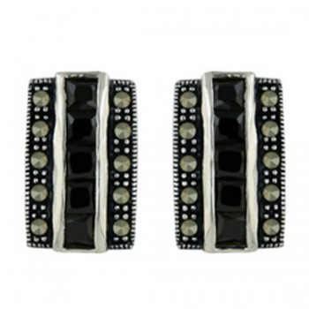 Marcasite Earring Black Cubic Zirconia Square Column with Pave Marcasite Sides+Twisted O