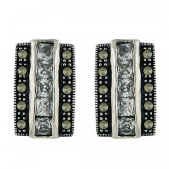 Marcasite Earring Clear Cubic Zirconia Square Column with Pave Marcasite Sides+Twisted O
