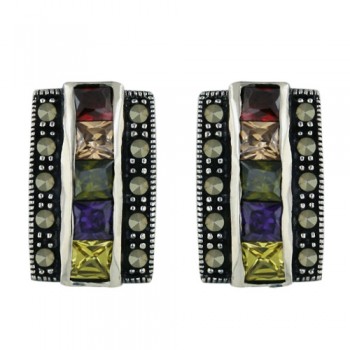 Marcasite Earring Champagne+Garnet +Olivine+Amethyst+Citrine Cubic Zirconia Square Column with Pave Marcasite Sid