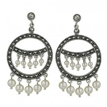 Marcasite Earring Open Circle + Cross Line Chandelier with Faux