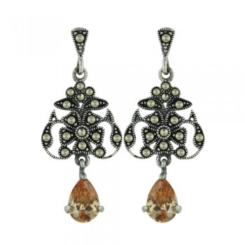 Marcasite Earring Champagne Cubic Zirconia Tear Drop Dangling with Pave Marcasite Flowery Top