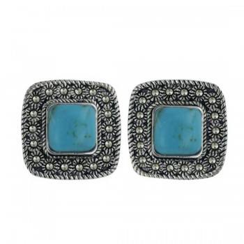Marcasite Earring Square with Reconstituent Turquoise Center Square and Marcasite Bord